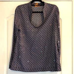 Tory Burch Navy and White Printed Long Sleeve Top